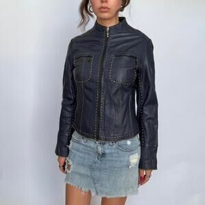 American Modern Alexander Julian Blue Leather Jacket w/ Green Contrast Stitching